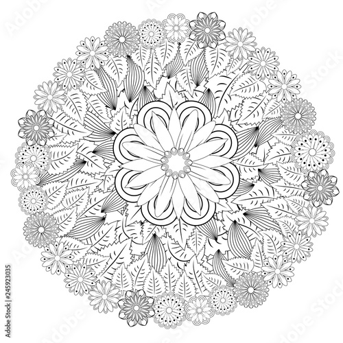 floral mandalaa stylized circular ornament. floral mandala. black-and-white drawing. coloring book for children and adults. page for artbook.