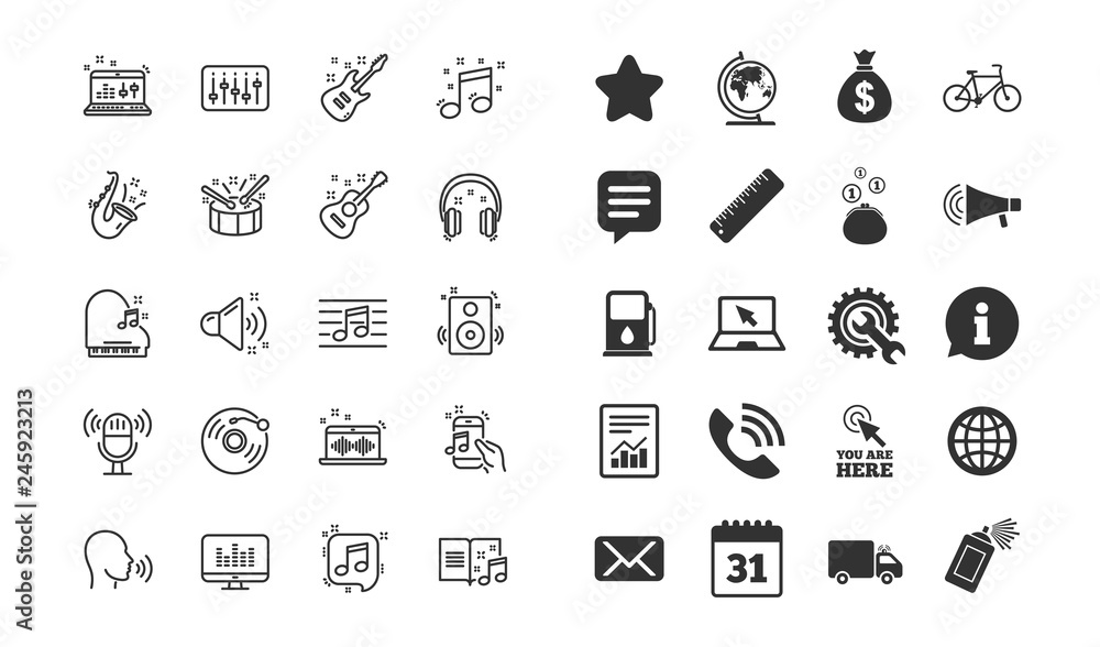 Fototapeta premium Music line icons. Set of Acoustic guitar, Musical note and Vinyl record linear icons. Jazz saxophone, Drums with drumsticks and DJ controller symbols. Vector