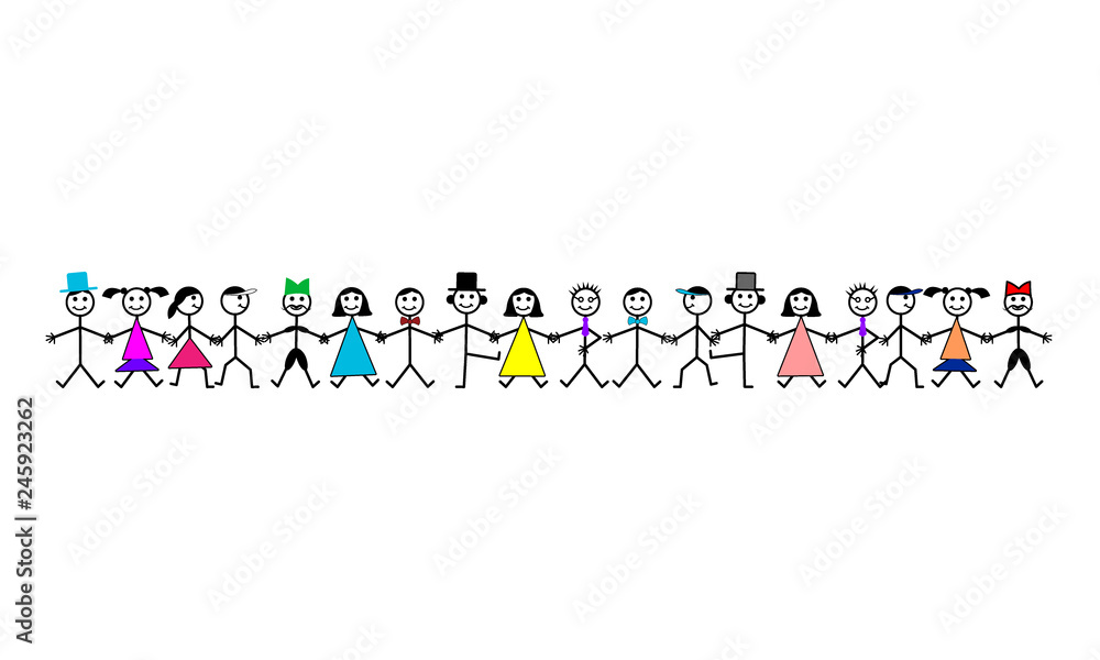 Drawing smiling happy people holding hands. Human friendship concept. Male and Female group vector