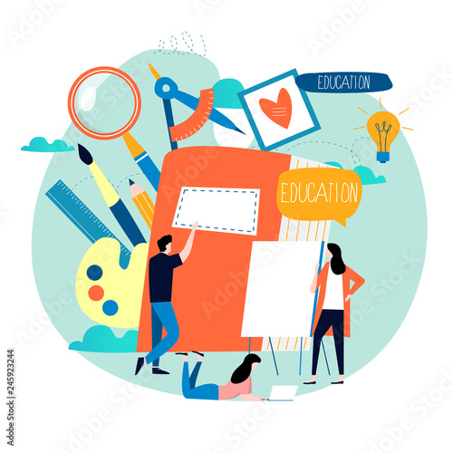 Education, online training courses, distance education flat vector illustration. Internet studying, online classes, tutorials, e-learning, online education design for mobile and web graphics
