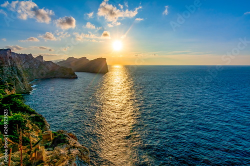 Sunset at sea from Formentor cape, Mallorca, Spain
