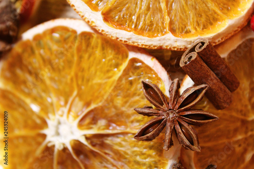 Christmas smells: dried orange slices with cinnamon sticks and anise stars 