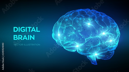 Brain. Digital brain. 3D Science and Technology concept. Neural network. IQ testing, artificial intelligence virtual emulation science technology. Brainstorm think idea. Vector illustration.