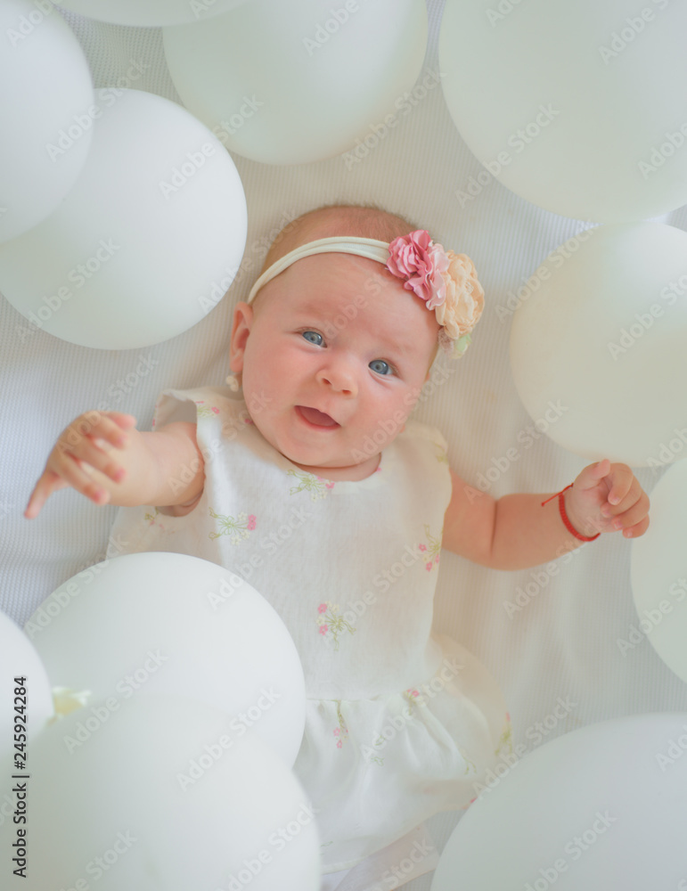 Little treasure. Family. Child care. Childrens day. Sweet little baby. New life and birth. Portrait of happy little child in white balloons. Small girl. Happy birthday. Childhood happiness