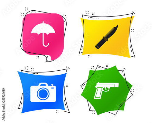 Gun weapon icon.Knife, umbrella and photo camera signs. Edged hunting equipment. Prohibition objects. Geometric colorful tags. Banners with flat icons. Trendy design. Vector