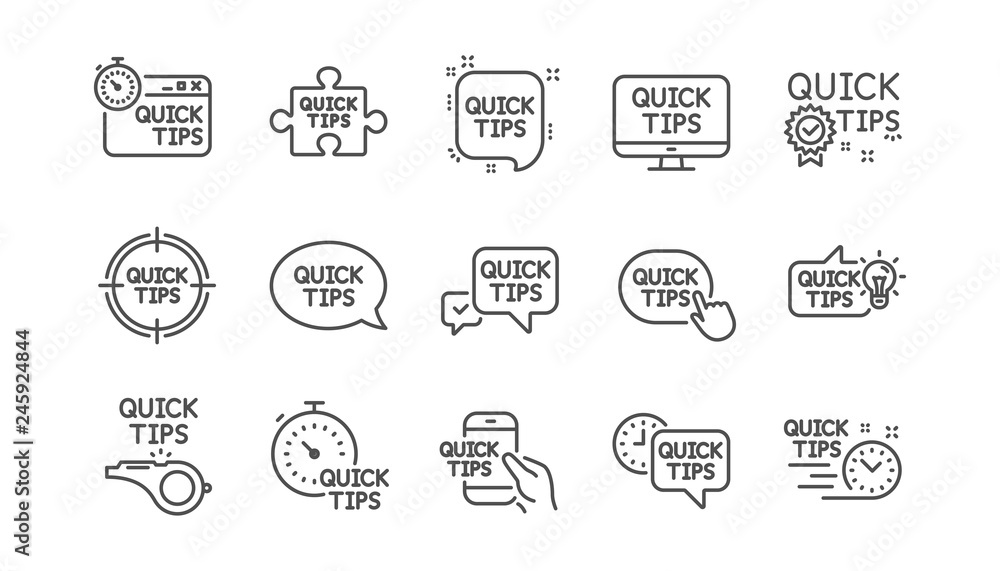Quick tips line icons. Helpful tricks, Solution and Quickstart guide. Tutorial linear icon set. Vector Quick tips line icons. Helpful tricks, Solution and Quickstart guide. Tutorial linear icon set. Vector