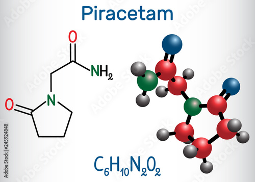 Piracetam molecule. It is nootropic drug.  Structural chemical formula and molecule model