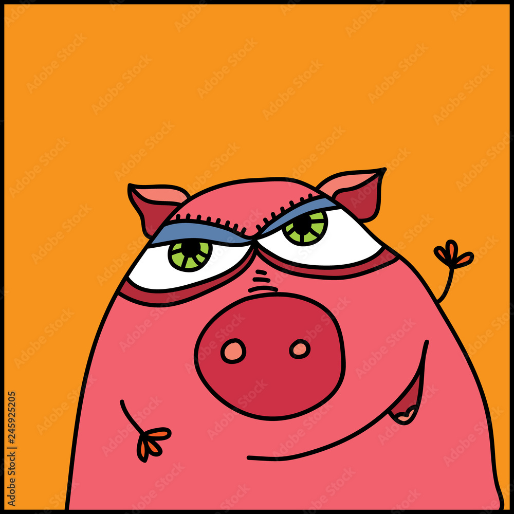 Fototapeta premium Vector simple hand drawn cartoon of happy pig