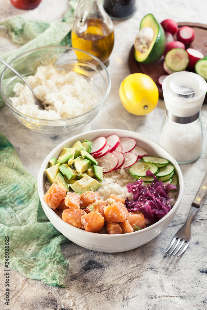 Poke bowl, traditional Hawaiian raw fish salad Poke bowl, traditional Hawaiian raw fish salad