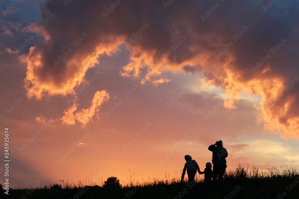 silhouette of family on wheat field at sunset
