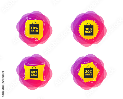 Sale bag tag icons. Discount special offer symbols. 10%, 20%, 30% and 40% percent sale signs. Geometric gradient sales shapes. Creative banners. Template for design. Vector