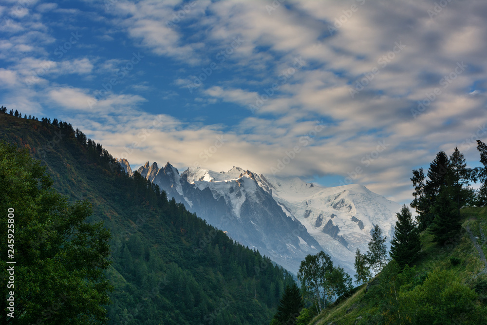 Evening and morning view of the town of Chamonix and Mount Mont Blanc.