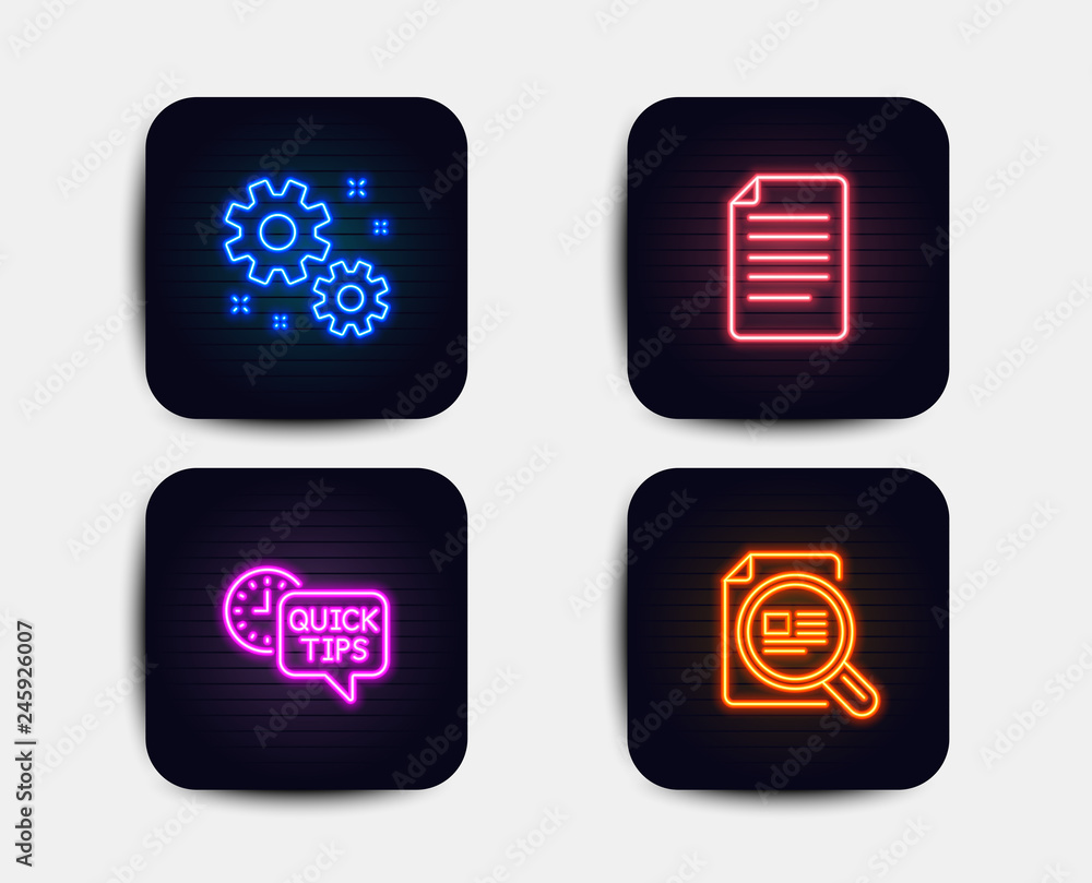 Neon glow lights. Set of Work, Quick tips and File icons. Check article sign. Settings, Helpful tricks, Paper page. Magnifying glass. Neon icons. Glowing light banners. Vector Neon glow lights. Set of Work, Quick tips and File icons. Check article sign. Settings, Helpful tricks, Paper page. Magnifying glass. Neon icons. Glowing light banners. Vector