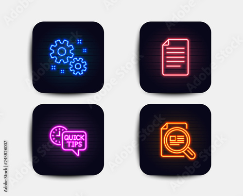 Neon glow lights. Set of Work, Quick tips and File icons. Check article sign. Settings, Helpful tricks, Paper page. Magnifying glass. Neon icons. Glowing light banners. Vector