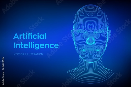 AI. Artificial intelligence concept. Ai digital brain. Abstract digital human face. Human head in robot digital computer interpretation. Robotics concept. Wireframe head concept. Vector illustration.
