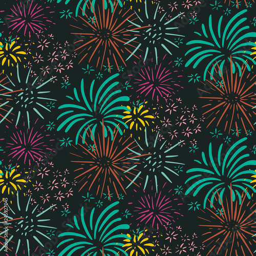 Seamless pattern with hand drawn fireworks. Colorful holiday vector endless background