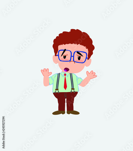 Businessman in casual style makes a gesture of tired resignation.