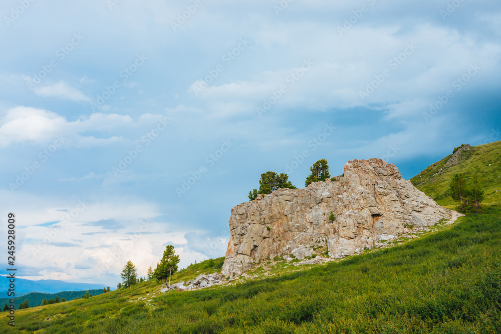 Landscape with big rocky stone on hill in highland under cloudy sky. Rock on mountainside with coniferous trees and rich vegetation. Wonderful scenic mountainscape. Amazing mountain scenery.