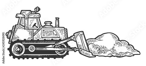 Bulldozer shove snow engraving vector illustration. Scratch board style imitation. Black and white hand drawn image.