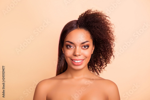 Advertising concept. Close-up portrait of nice glamorous cheerful lady perfect shine smooth flawless silky skin two side different hair balm lotion shampoo oil mask isolated on beige background