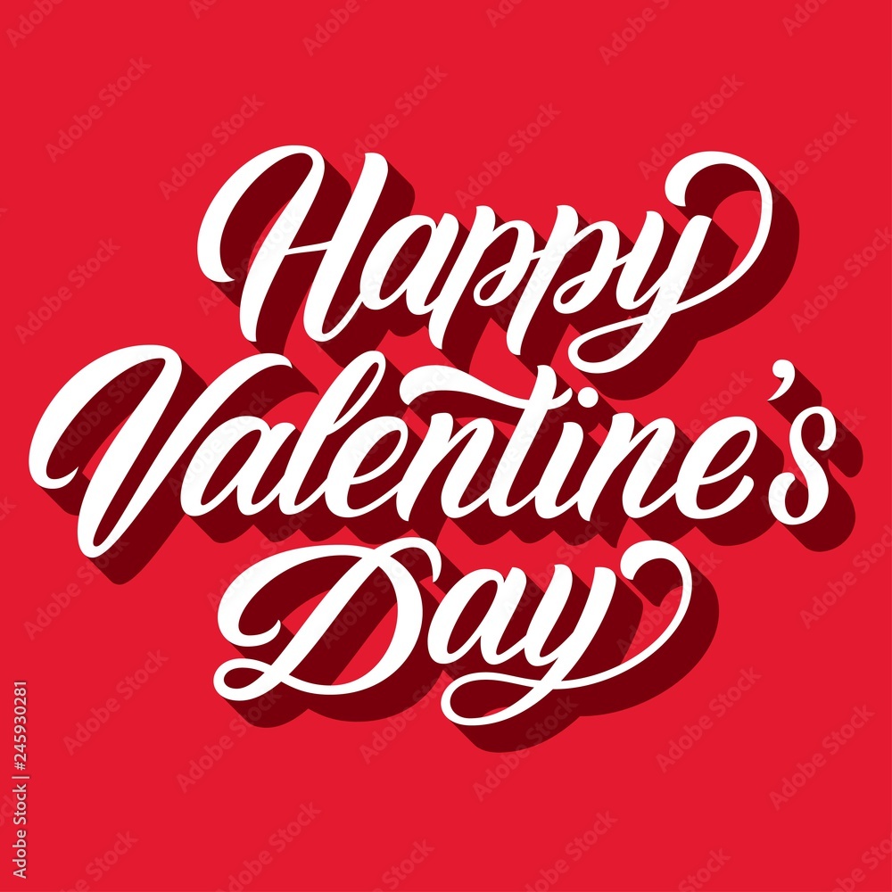 Happy Valentine's Day hand drawn brush lettering with 3d shadow, isolated on bright red background. Perfect for holiday flat design. Vector illustration.