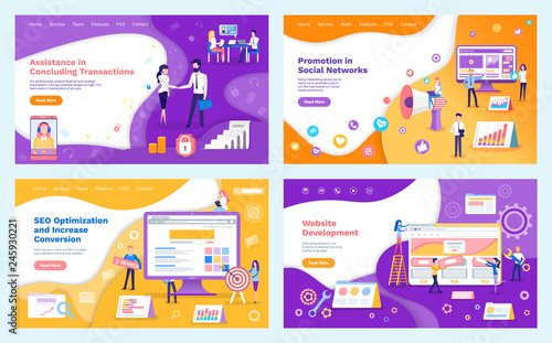 Marketing promotion and seo optimization web set vector. Assistance in concluding transactions, marketing and promotion strategy of workers developers