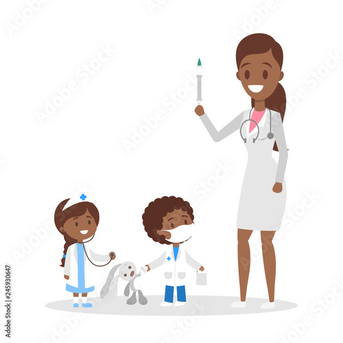 Cute kid in doctor uniform treat toy