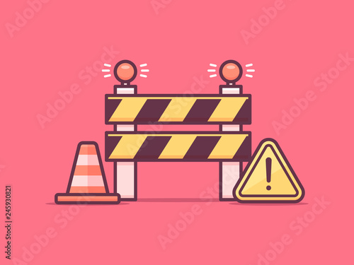 Under construction concept. Construction barrier, warning sign and traffic cone vector illustration in mono line art style