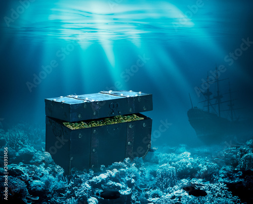Treasures on the seabed. Sunken chest with gold and ship under water 3d illustration