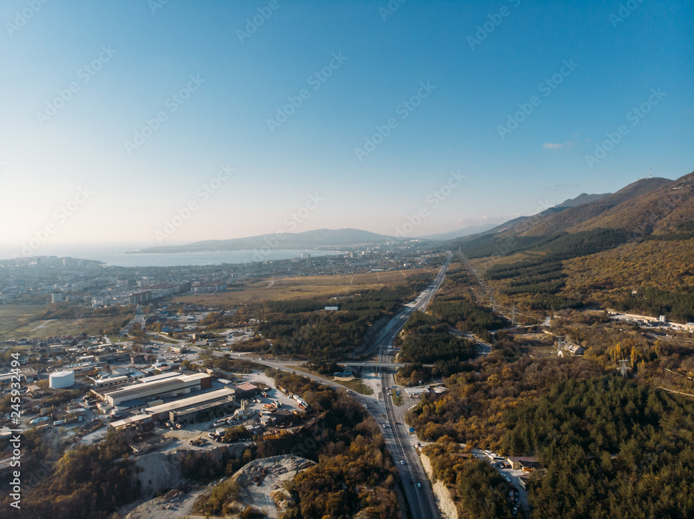 Mountain asphalt road aerial view, summer nature landscape