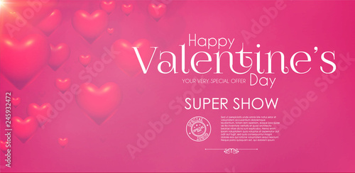 Happy Valentine s Day Design Template with Glossy Hearts, Blur Baackground.
