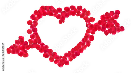 Background with realistic red rose petals in the shape of a heart pierced by an arrow isolated on white background.