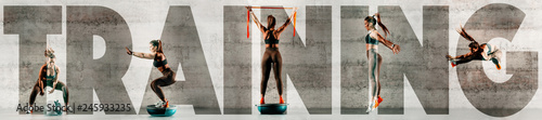 Quadro su tela Collage of sporty woman doing various exercises