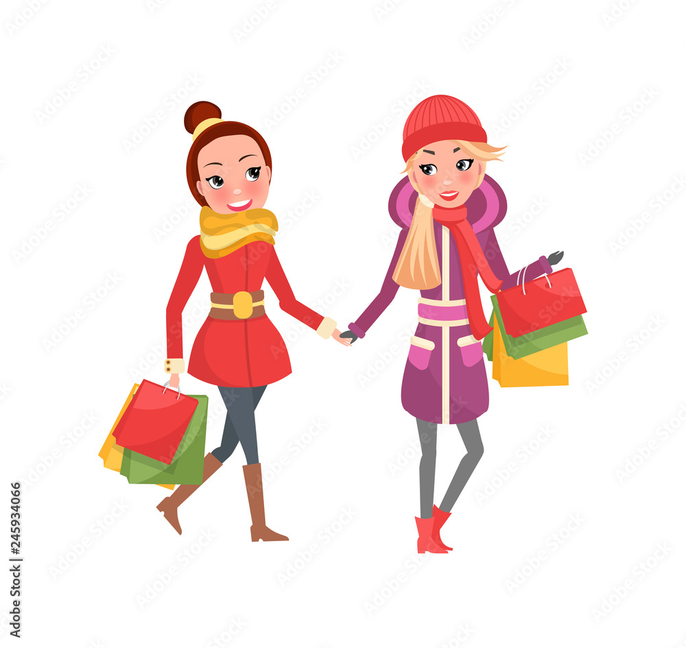 Christmas shopping, female friends with packages vector. Ladies walking from shops with purchase bags and presents to family. Winter holidays activity Christmas shopping, female friends with packages vector. Ladies walking from shops with purchase bags and presents to family. Winter holidays activity