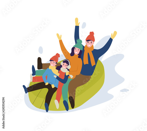 Family mother and father, children having fun vector. Winter leisure cold weather people going down slope, downhill on rubber boat happy relatives