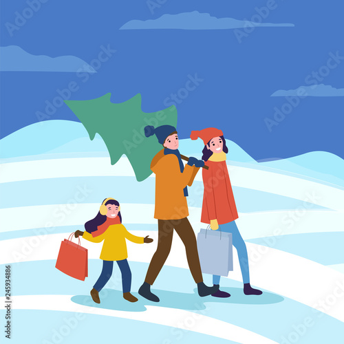 Preparation for Christmas woman and man with fir vector. People returning home with purchased evergreen pine tree, father and mother with daughter