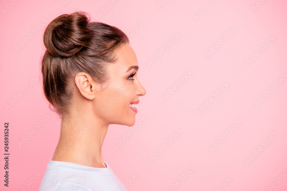 Profile side view portrait of her she nice adorable winsome attractive lovely sweet cheerful cheery girl lady isolated over pastel pink background Profile side view portrait of her she nice adorable winsome attractive lovely sweet cheerful cheery girl lady isolated over pastel pink background