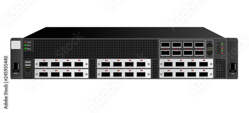 IP traffic router for installation in a 19 inch rack, 2 units. Black colour. Six optional add-on modules with optical SFP modules. Designed for carrier-class networks. Vector illustration.