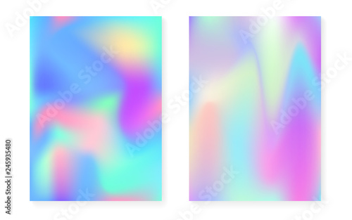 Holographic gradient background set with hologram cover. 90s, 80s retro style. Pearlescent graphic template for book, annual, mobile interface, web app. Retro minimal holographic gradient.