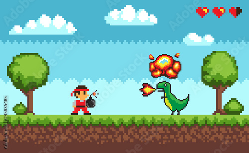 Pixel art game, design in 8 bit style character fighting against dragon with fire vector. Health lives points, man battle with dangerous creature