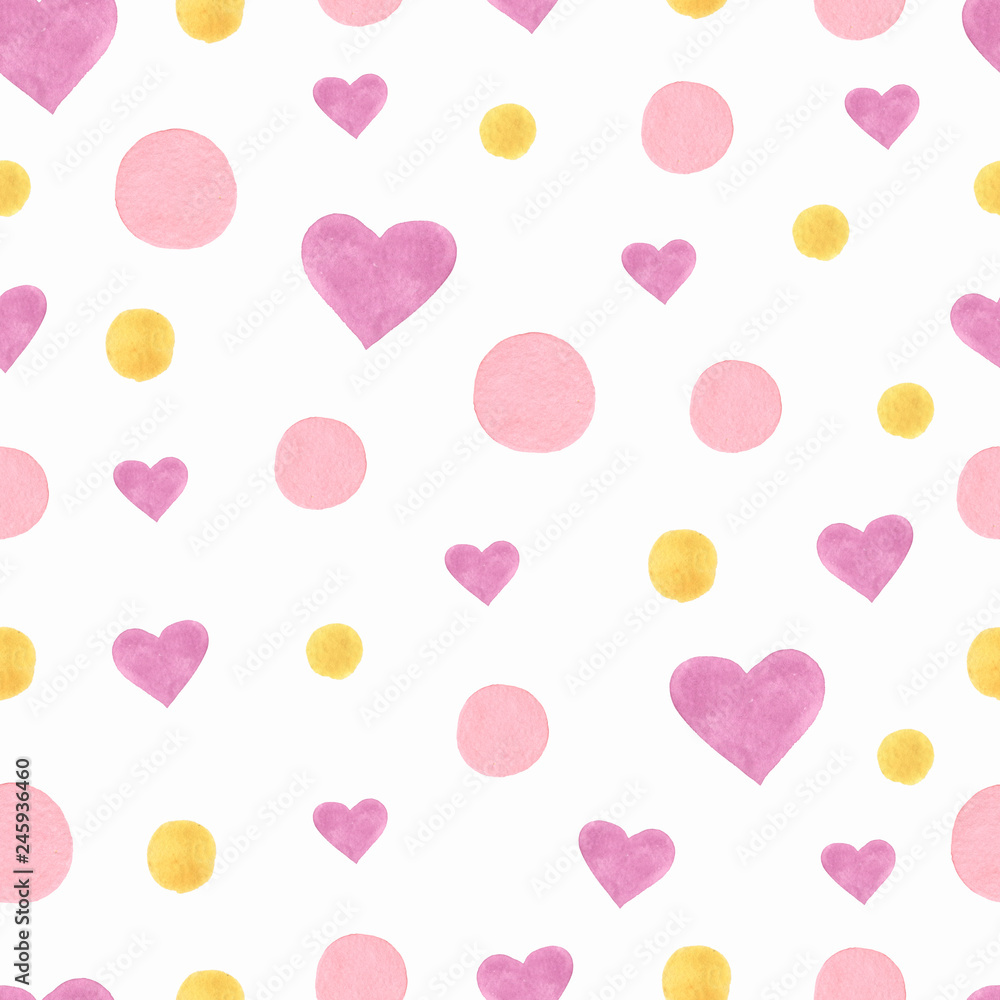 Watercolor texture in pastel colors. seamless abstract background for print on fabric or wrapping paper. Watercolor spots,hearts  and dots isolated on white background.pink and yellow color.