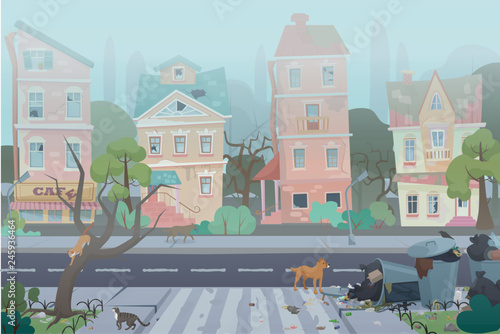 Dirty foggy street with garbage around. Empty city with worn, broken and dirty buildings, waste, full dustbins with cats and dogs. Unfavorable abandoned residential area vector illustration.