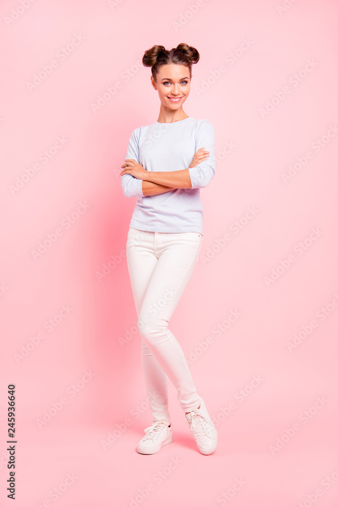 Vertical full length body size view portrait of nice cute sweet fascinating attractive slim fit thin cheerful cheery content girl folded arms isolated over pink pastel background Vertical full length body size view portrait of nice cute sweet fascinating attractive slim fit thin cheerful cheery content girl folded arms isolated over pink pastel background