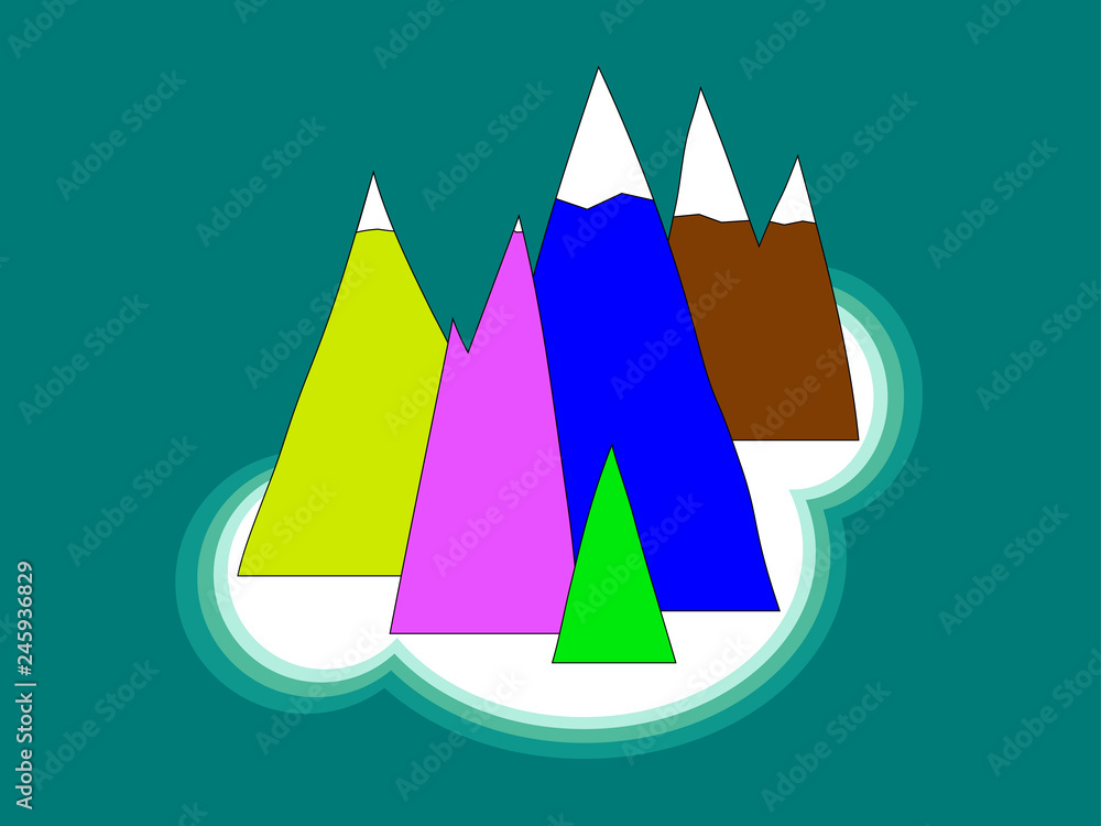 Set of colorful mountains on an island in the ocean covered with a snowy hat Set of colorful mountains on an island in the ocean covered with a snowy hat