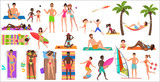 Summer beach cartoon relaxing people activities set vector illustration.