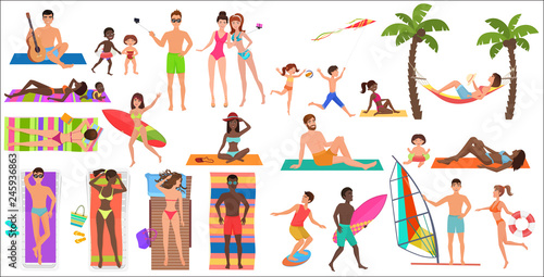 Summer beach cartoon relaxing people activities set vector illustration. © lembergvector