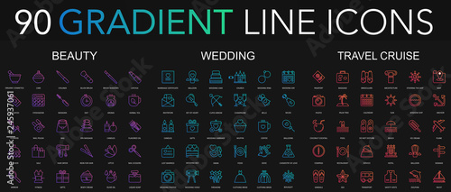 90 trendy gradient style thin line icons set of beauty, wedding, travel cruise isolated on black background.