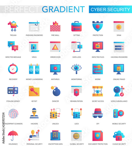 Vector set of trendy flat gradient Cyber security icons.