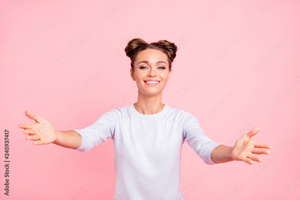 Portrait of her she nice attractive lovely sweet winsome cheerful cheery girl embracing you isolated over pink pastel background Portrait of her she nice attractive lovely sweet winsome cheerful cheery girl embracing you isolated over pink pastel background