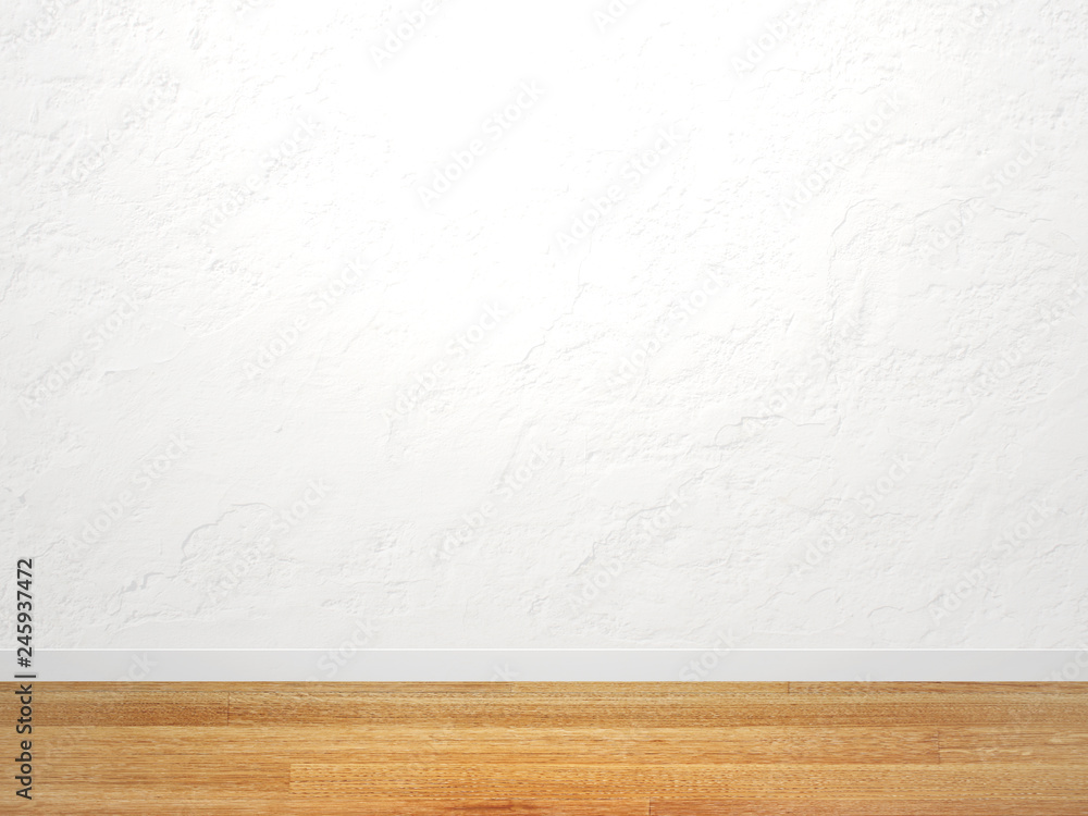 Empty stucco wall of white color and new parquet floor Empty stucco wall of white color and new parquet floor